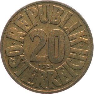 Rakousko, II. republika 1945-. - 20 groschen 1951, KM‑2877, plast. pouzdro.