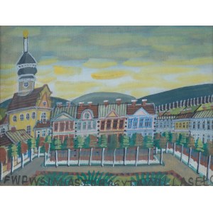 Nikifor Krynicki, MUNICIPAL LANDSCAPE WITH SYNAGOGUE, ca. 1955