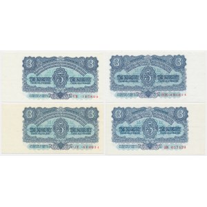 Czechoslovakia, 3 Korun 1953-61 - SPECIMEN AND REGULAR (4 pcs.)