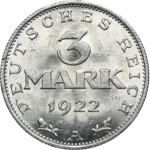 Germany, Weimar Republic, 3 Mark 1922 A - Weimar Constitution