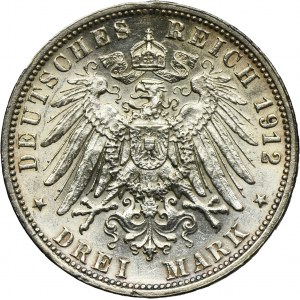 Germany, Kingdom of Württemberg, Wilhelm II, 3 Mark Stuttgart 1912 F