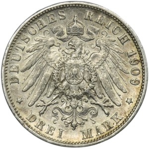 Germany, Kingdom of Württemberg, Wilhelm II, 3 Mark Stuttgart 1909 F