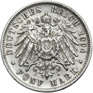 Germany, Kingdom of Württemberg, Wilhelm II, 5 Mark Stuttgart 1904 F