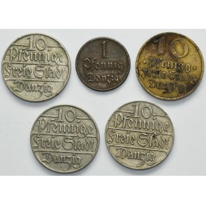 Set, Free City of Danzig, 1 pfennig and 10 pfennig 1923-1932 (5 pcs.)