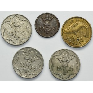 Set, Free City of Danzig, 1 pfennig and 10 pfennig 1923-1932 (5 pcs.)