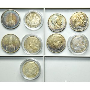 Set, Germany, Kingdom of Prussia and Third Reich, 1 Mark, 2 Mark and 5 Mark (9 pcs.)