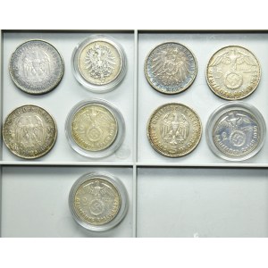 Set, Germany, Kingdom of Prussia and Third Reich, 1 Mark, 2 Mark and 5 Mark (9 pcs.)