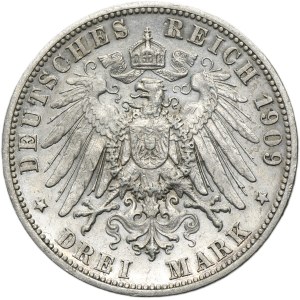 Deutschland, Königreich Württemberg, Wilhelm II, 3 Mark Stuttgart 1909 F