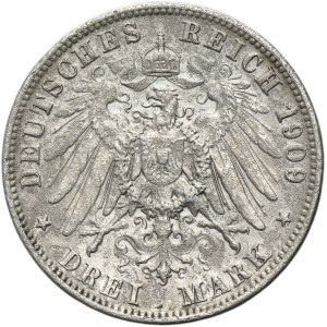 Deutschland, Königreich Württemberg, Wilhelm II, 3 Mark Stuttgart 1909 F