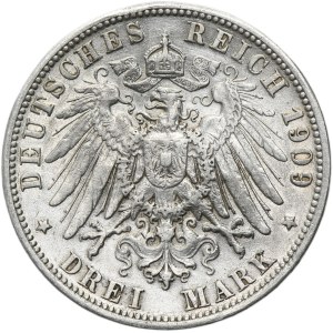 Germany, Kingdom of Württemberg, Wilhelm II, 3 Mark Stuttgart 1909 F