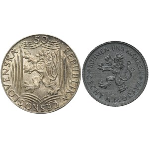 Set, Protectorate of Bohemia and Moravia and Czechoslovakia, 1 Koruna and 50 Korun (2 pcs.)