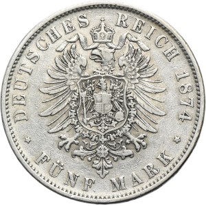 Germany, Kingdom of Württemberg, Karl von Württemberg, 5 Mark Stuttgart 1874 F