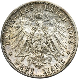 Germany, Kingdom of Württemberg, Wilhelm II, 3 Mark Stuttgart 1909 F