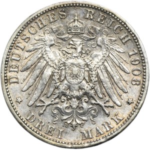 Germany, Kingdom of Prussia, Wilhelm II, 3 Mark Berlin 1908 A
