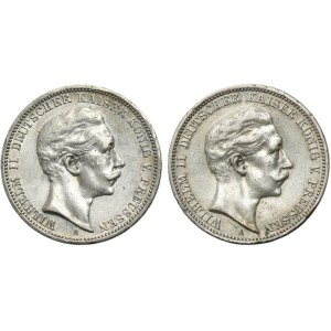 Set, Germany, Kingdom of Prussia, Wilhelm II, 3 Mark Berlin 1908 A (2 pcs.)