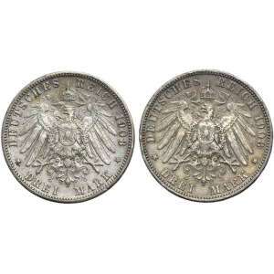 Set, Germany, Kingdom of Prussia, Wilhelm II, 3 Mark Berlin 1908 A (2 pcs.)