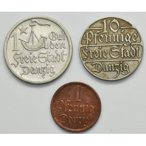 Set, Free City of Danzig, 1 Pfennig, 10 Pfennig and 1 Gulden (3 pcs.)