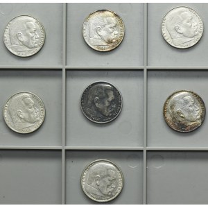 Set, Germany, III Reich, Paul von Hindenburg, 2 Mark 1937-1939 (7 pcs.)