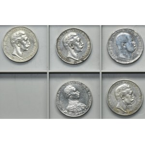 Set, Germany, Kingdom of Prussia, Wilhelm I and Wilhelm II, 3 Mark and Thaler (5 pcs.)
