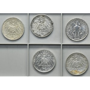 Set, Germany, Kingdom of Prussia, Wilhelm I and Wilhelm II, 3 Mark and Thaler (5 pcs.)