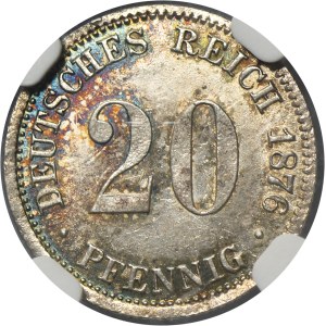 Germany, German Empire, Wilhelm I, 20 Pfennig Hamburg 1876 J - NGC MINT ERROR MS64