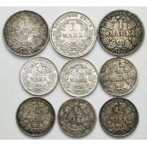 Set, Germany, German Empire, Wilhelm I and Wilhelm II, 1/2 Mark and 1 Mark (9 pcs.)