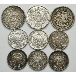 Set, Germany, German Empire, Wilhelm I and Wilhelm II, 1/2 Mark and 1 Mark (9 pcs.)