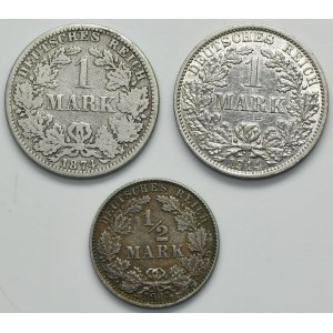 Set, Germany, German Empire, Wilhelm I and Wilhelm II, 1/2 Mark and 1 Mark (3 pcs.)
