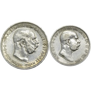 Súprava, Rakúsko, František Jozef I., 1 koruna a 2 koruny Viedeň 1908 a 1912 (2 kusy).