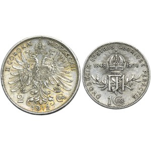 Súprava, Rakúsko, František Jozef I., 1 koruna a 2 koruny Viedeň 1908 a 1912 (2 kusy).