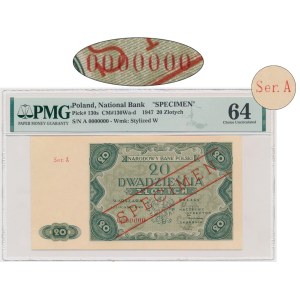 20 złotych 1947 - SPECIMEN - A 0000000 - PMG 64 - RZADKOŚĆ