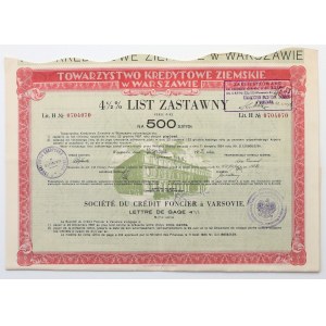 Warszawa, T-wo Kredytowe Ziemskie, 4-1/2% List zastawny serii 5-tej, Lit.H - 500 zł