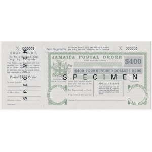 Jamaica Postal Order, SPECIMEN 400 Dollars