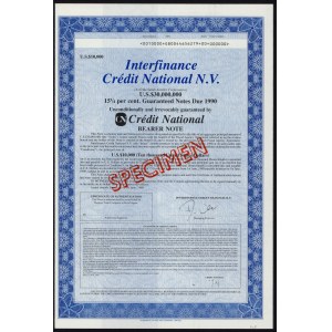 France, Interfinance Credit National N.V, SPECIMEN Bonds 10,000 Dollars 1989.