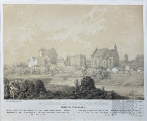 Napoleon ORDA (1807-1883), - Grafika Karta z Albumu Widoków Księstwa Poznańskiego i Prus Zachodnich: Węgrowiec (Wągrowiec) nad Rzeką Wełną, Kościół pw. Wniebowzięcia Najświętszej Marii Panny Wniebowziętej i śś. Piotra i Pawła