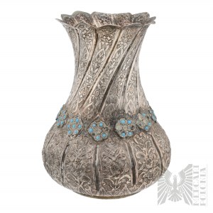 Silver Repoussed Vase with Turquoises - Middle East/Persia