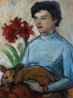 Tymon NIESIOŁOWSKI, PORTRET DZIEWCZYNY Z PIESKIEM (Aliny Szapocznikow?), ok. 1955
