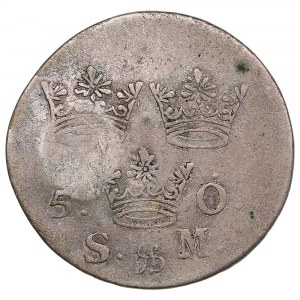Švédsko (Stockholm) 5 Öre 1690 - Karel XI. (1660-1697) s Karlem XII. kontrmarkou v Rize (Lotyšsko), 1705 - ruské obléhání