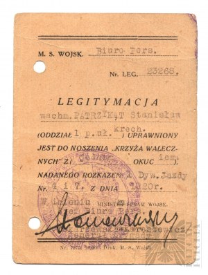 II RP Legitimation of the Cross of Valour 1st Krechowiec Lancers Regiment Signature of Michał Karaszewicz-Tokarzewski