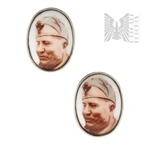 Boutons de manchette Italie avec l'image de Benito Mussolini - Argent