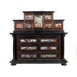 Italian commode cabinet in rosewood and tortoiseshell with painted glass, Louis XIV