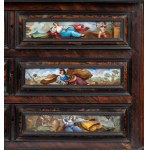 Italian commode cabinet in rosewood and tortoiseshell with painted glass, Louis XIV