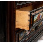 Italian commode cabinet in rosewood and tortoiseshell with painted glass, Louis XIV
