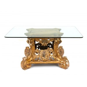 Table italienne dorée avec plateau en cristal