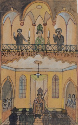 Nikifor Krynicki (1895 Krynica - 1968 Folusz), Msza Święta (Autoportret Nikifora), lata 20. XX w.