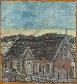 Nikifor Krynicki (1895 Krynica - 1968 Folusz), Para przed łemkowską chałupą, lata 40. XX w.