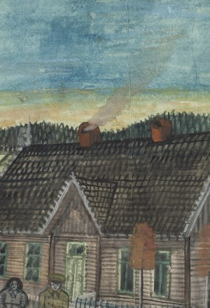 Nikifor Krynicki (1895 Krynica - 1968 Folusz), Para przed łemkowską chałupą, lata 40. XX w.