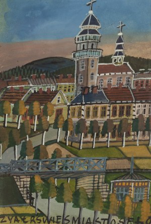 Nikifor Krynicki (1895 Krynica - 1968 Folusz), Widok na miasteczko z mostem, lata 60. XX w.