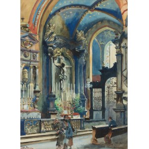 Stanisław Tondos, Wojciech Kosssak, przypisywane, Wnętrze kościoła Mariackiego w Krakowie - widok na cyborium i krucyfiks Wita Stwosza
