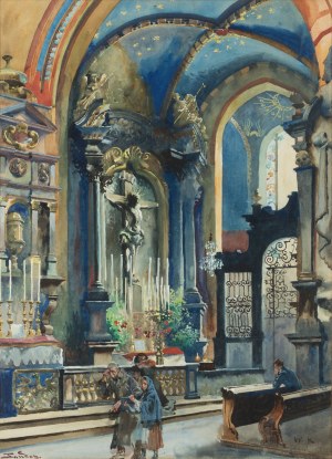 Stanisław Tondos, Wojciech Kosssak, przypisywane, Wnętrze kościoła Mariackiego w Krakowie - widok na cyborium i krucyfiks Wita Stwosza